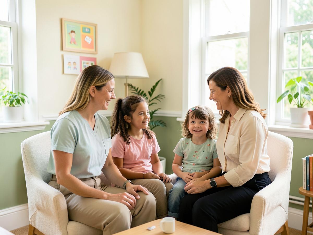 Therapist speaking with a parent and children in a welcoming clinic