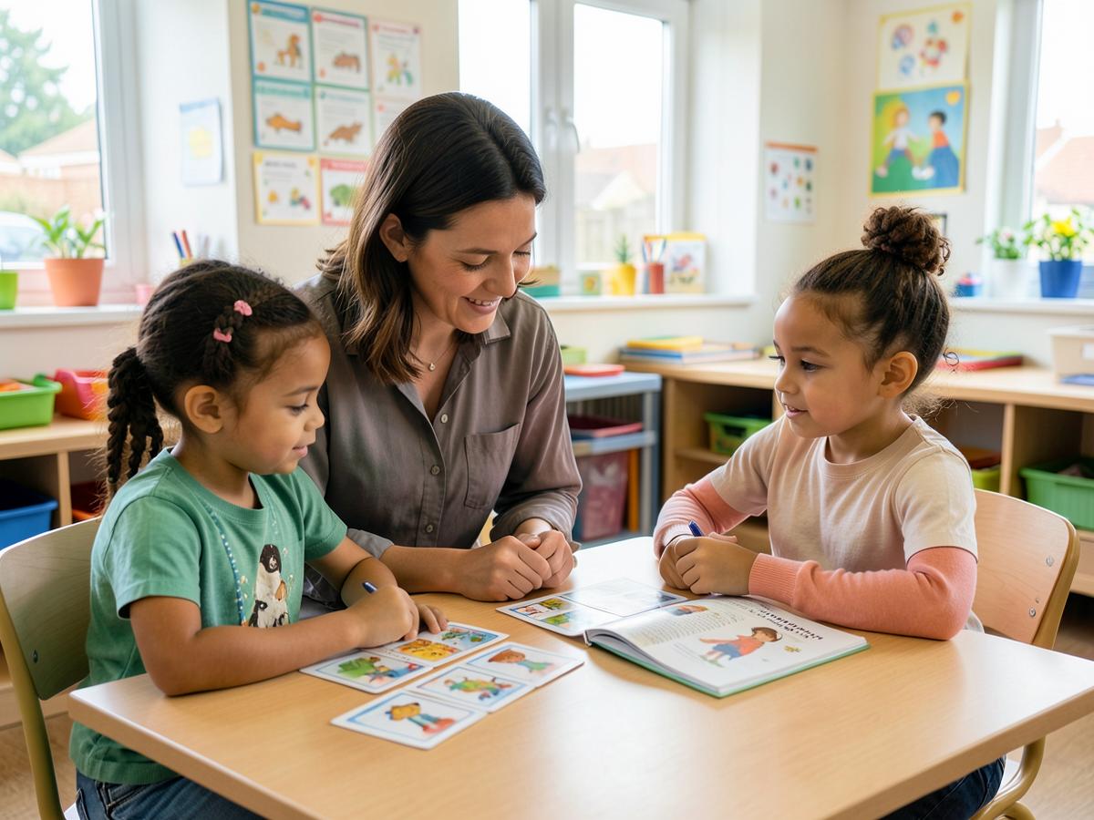 Therapist supporting children with communication activities in a school
