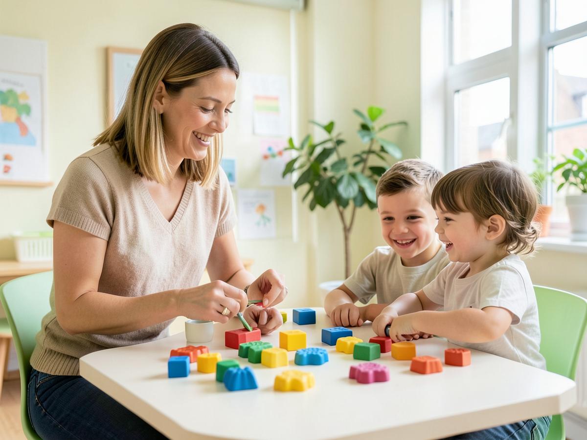 A therapist helping children learn communication skills through play